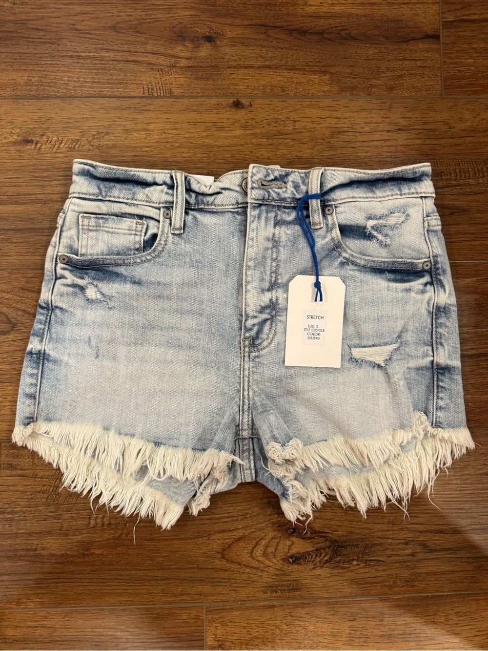 eunina Light Blue Distressed High-Rise Denim Shorts